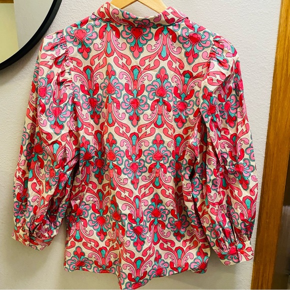Esqualo Gathered Sleeve Print Blouse Women’s Size 6 Button Front Puff Sleeves - Picture 8 of 8